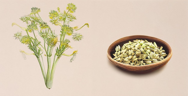 Graines de fenouil (Foeniculum vulgare), illustration botanique sur papier blanc. Les meilleures plantes médicinales