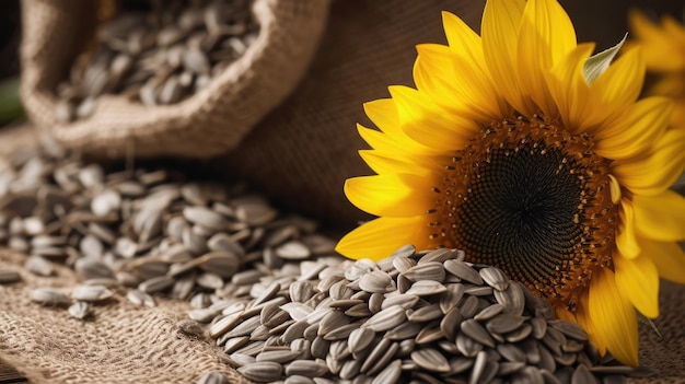 Photo graines et fleurs de tournesol biologiques sur table en bois