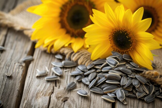 Photo graines et fleurs de tournesol biologiques sur table en bois