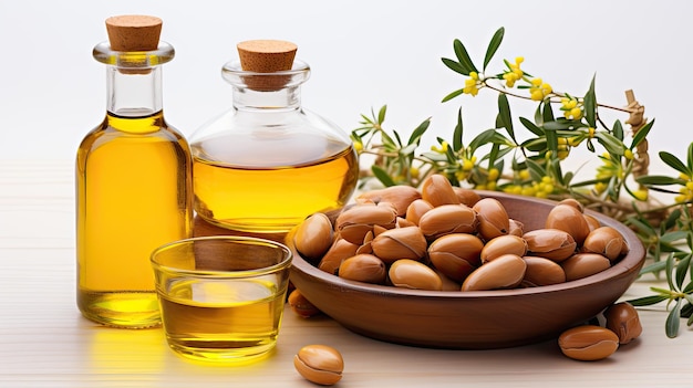 Graines et huile d'argan isolé sur fond blanc