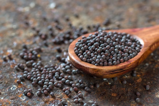 Graines de moutarde brune dans une cuillère en bois sur une texture