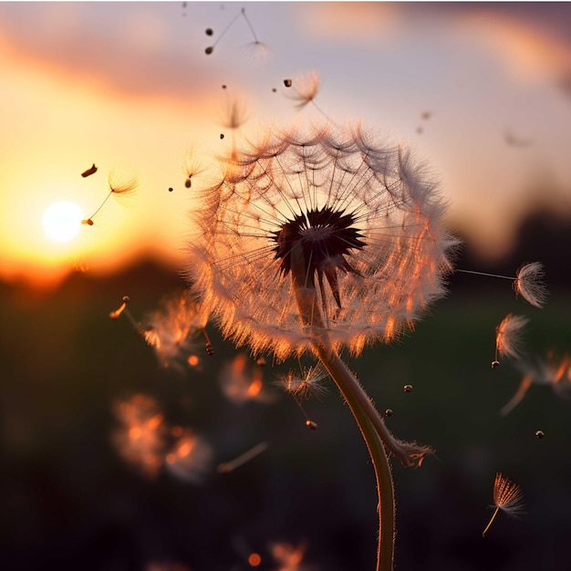 Des graines de pissenlit sur le champ au coucher du soleil Belle nature en arrière-plan