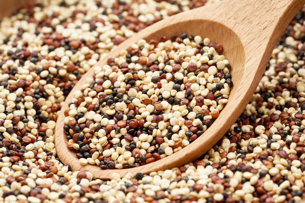 graines de quinoa sur fond de cuillère en bois. gros plan de graines de quinoa sur fond de cuillère en bois.