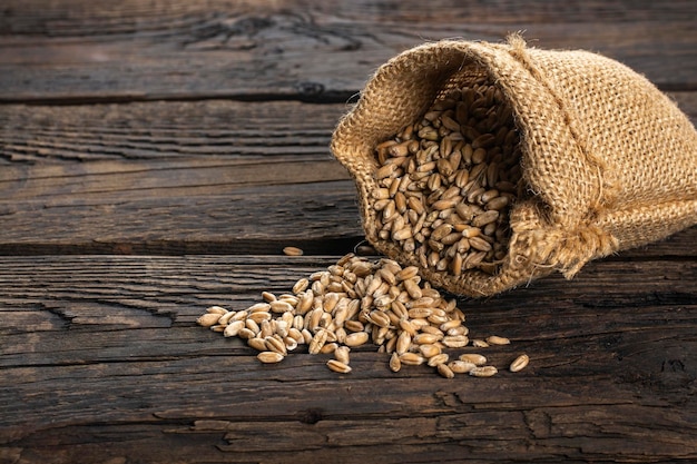 Grains de blé dans un sac en lin sur la table.