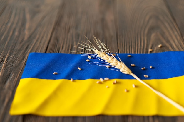 Grains de blé avec drapeau ukrainien jaune et bleu sur fond de bois