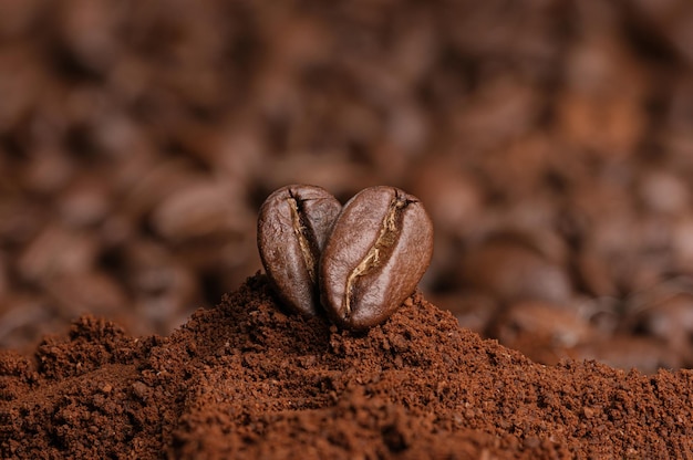 Grains de café aromatiques torréfiés placés les uns derrière les autres et formant un concept de logo de café d'amour en forme de coeur
