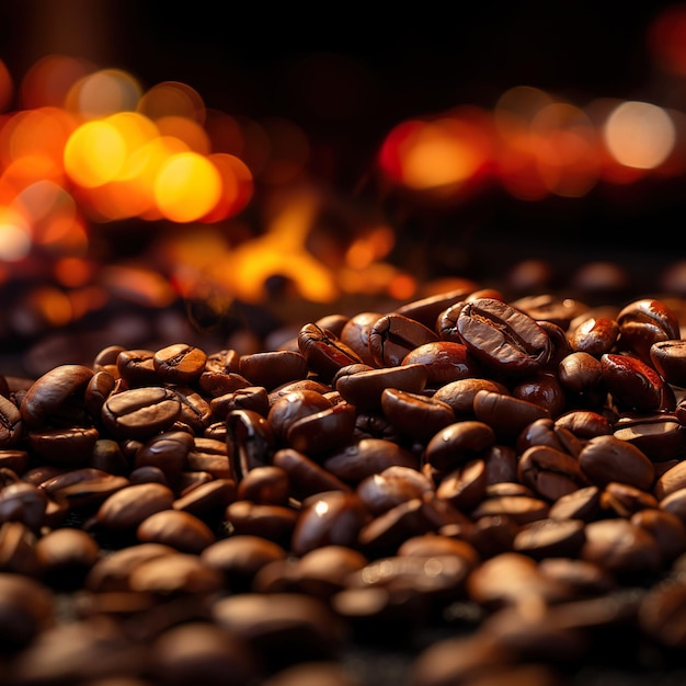 Grains de café brillants tombant au soleil sur fond sombre