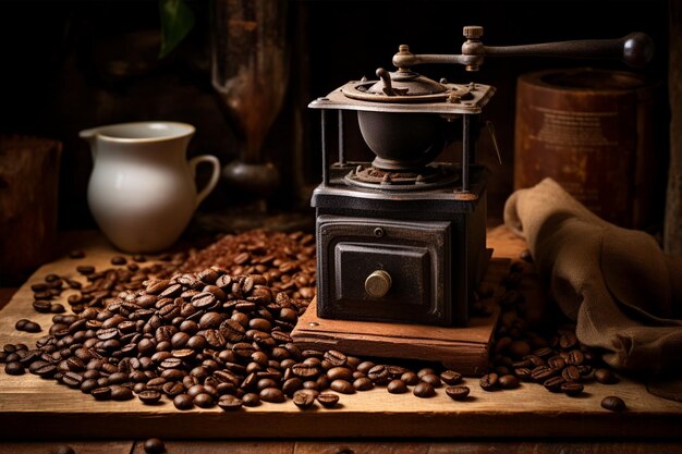 Des grains de café et un broyeur sur une table en bois