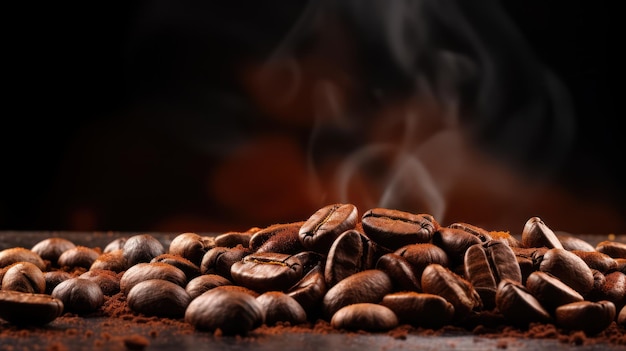 Des grains de café bruns torréfiés à la vapeur en gros plan sur la table