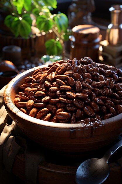 Des grains de café sur une cuillère en bois