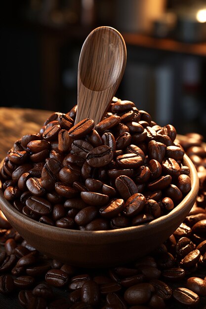 Des grains de café sur une cuillère en bois