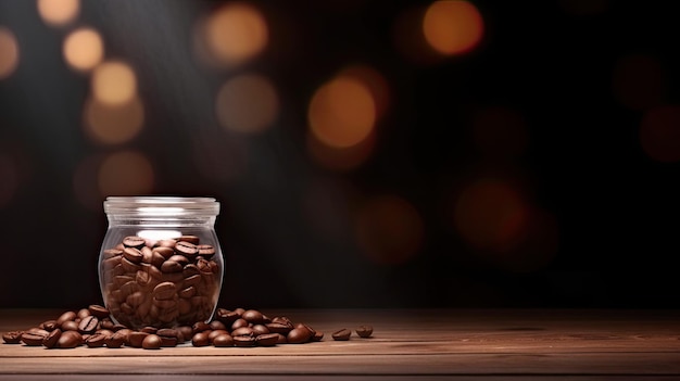 Grains de café dans un bocal en verre sur une table en bois avec arrière-plan flou