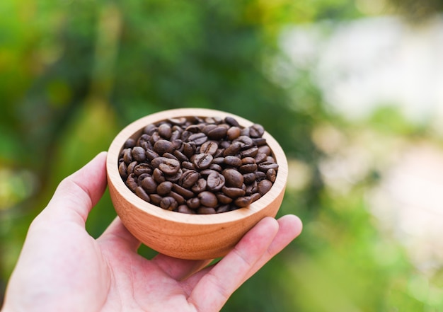 Grains de café dans un bol en bois sur place avec la nature verte