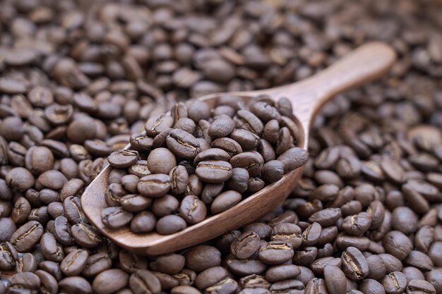 Photo grains de café dans une cuillère en bois