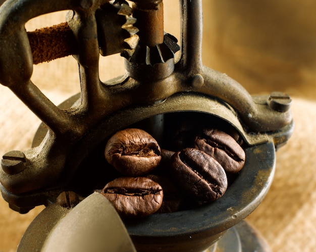 Photo grains de café dans un moulin à café antique