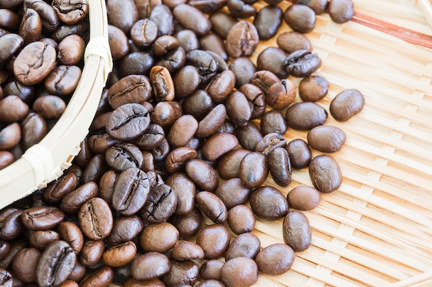 Grains de café dans un panier en bambou