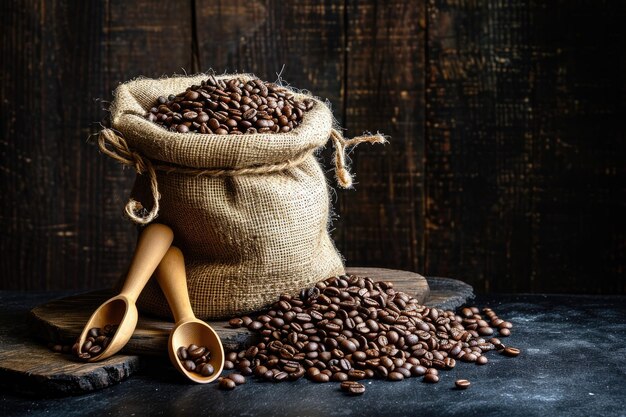 Photo des grains de café dans un sac sur une table en bois