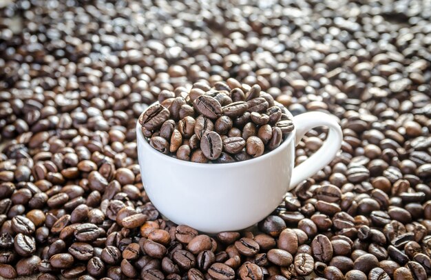 Grains de café dans une tasse en porcelaine