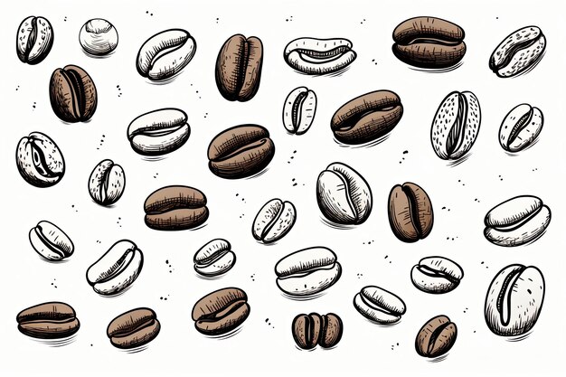 Des grains de café dessinés sur un fond blanc