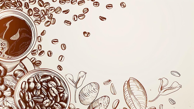 Grains de café dessinés à la main et tasse de café avec espace de copie