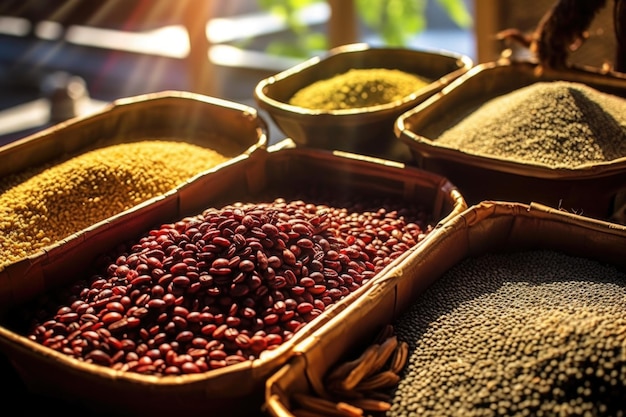 Grains de café à divers stades de torréfaction affichés au soleil créés avec une IA générative