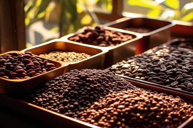 Photo grains de café à divers stades de torréfaction affichés au soleil créés avec une ia générative