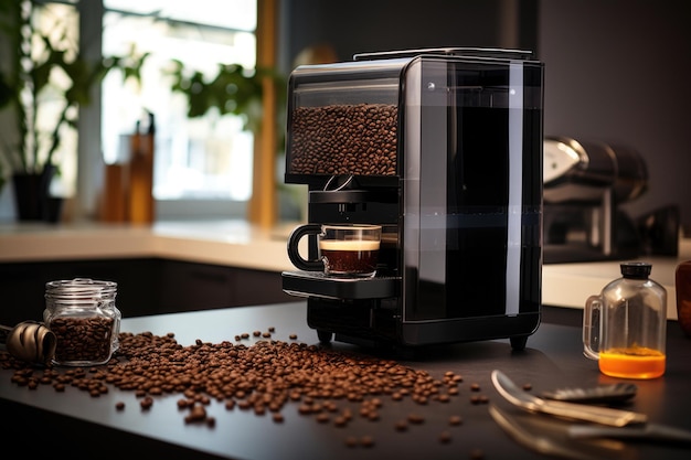 Des grains de café éparpillés autour d'une machine à café intelligente