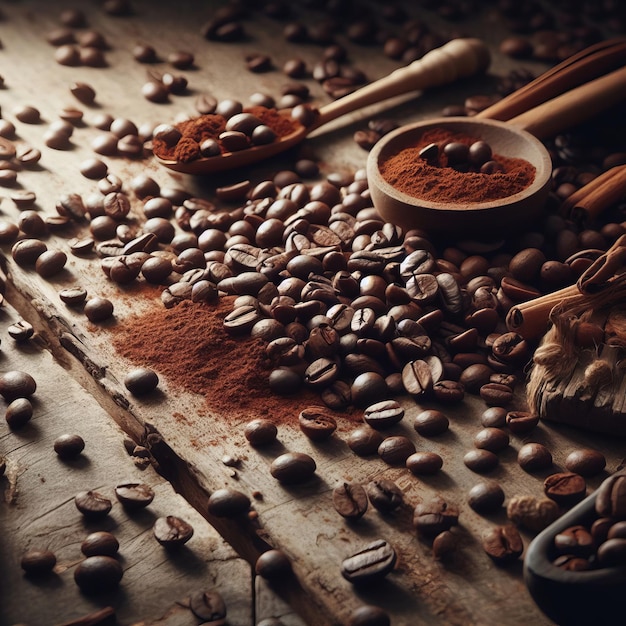 Des grains de café et des épices éparpillés sur une table en bois sombre Il y a déjà du café moulu sur la cuillère