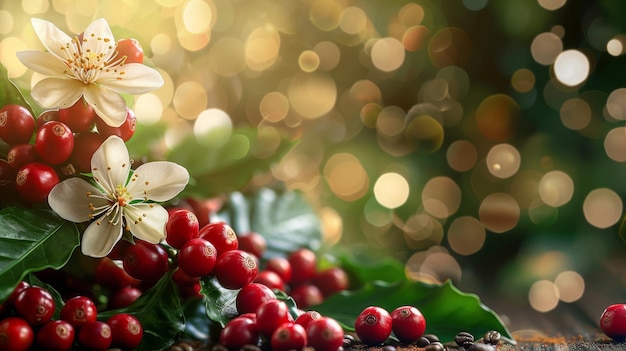 Des grains de café, des fleurs et des feuilles sur une table en bois, des grains et des fleurs rouges sur une branche d'arbre à café.