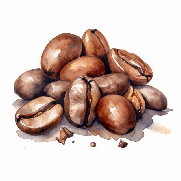 Des grains de café sur fond blanc dans le style d'aquarelle générés par l'IA