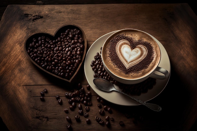 Grains de café en forme de coeur et une tasse de latte dans un vieux fond en bois