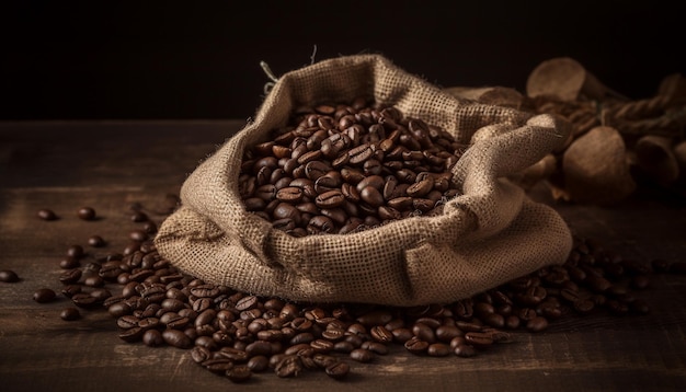 Grains de café fraîchement torréfiés dans un sac en toile de jute sur une table en bois générés par l'intelligence artificielle