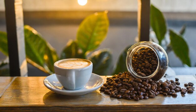 grains de café et fumée dans la tasse