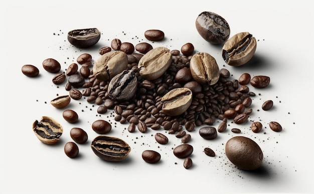 Les grains de café et les grains de café sont éparpillés sur un fond blanc.