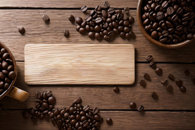 Grains de café sur le modèle de bannière de table en bois