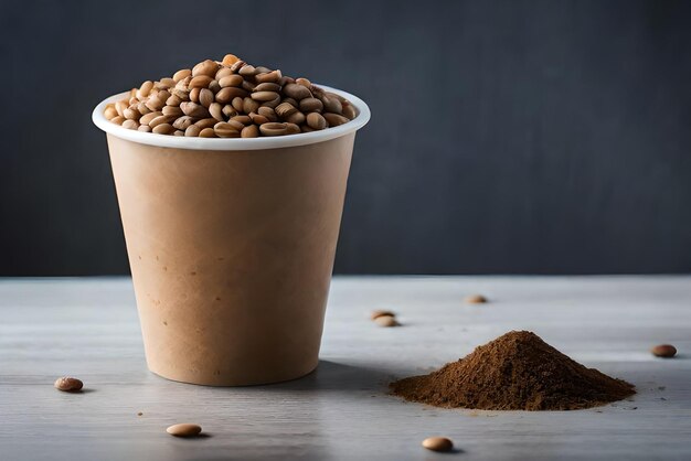 grains de café et morceaux de sucre de canne dans une tasse en papier zéro déchet sur fond gris