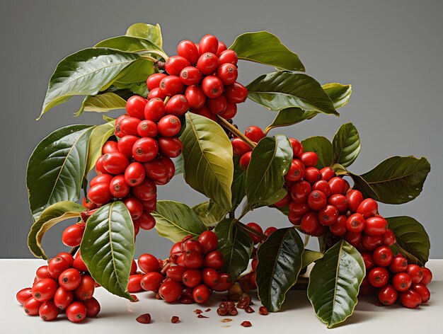 Photo des grains de café rouges sur une branche avec des feuilles isolées sur un fond blanc