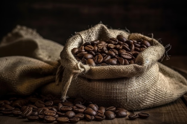 Grains de café avec sac en toile de jute sur fond sombre