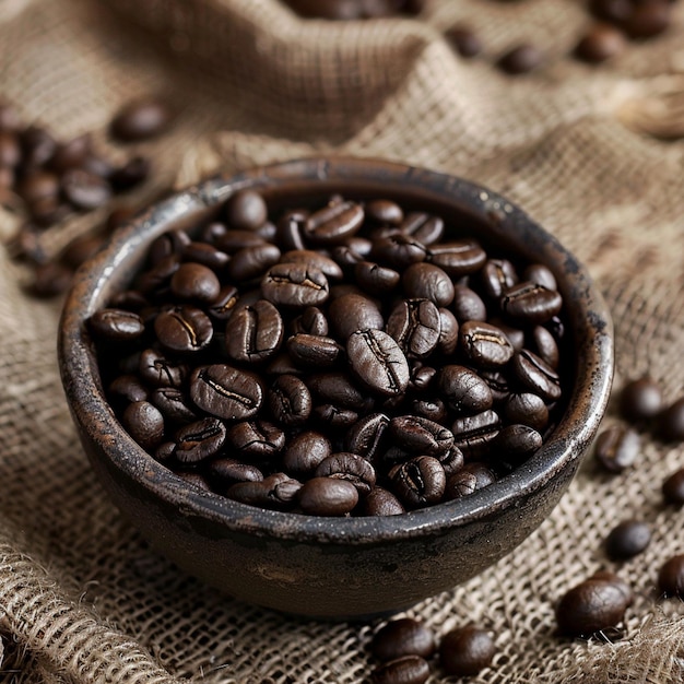 des grains de café sombres dans le bol sur la table brune