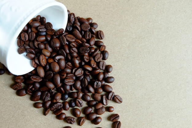 Les grains de café sont coulés dans une tasse blanche