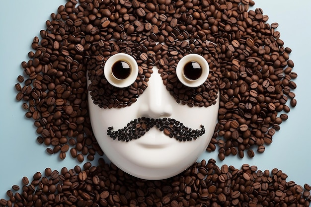 Les grains de café sont disposés en forme de moustache au-dessus d'eux les tasses de café ressemblent à des yeux