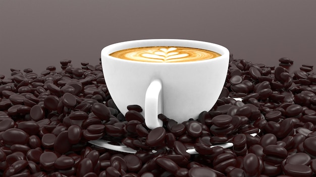 les grains de café sont éparpillés autour d'une tasse de café