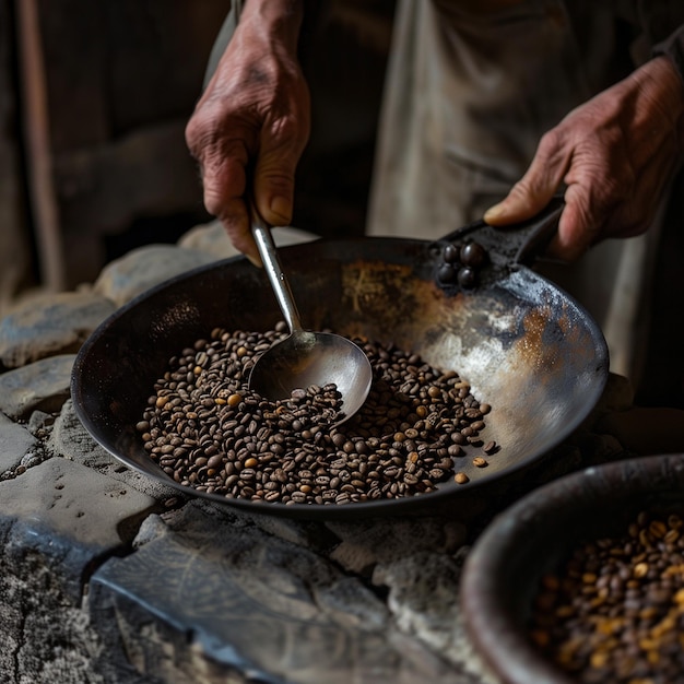 Les grains de café sont torréfiés dans une vieille casserole en fer montrant le processus traditionnel et