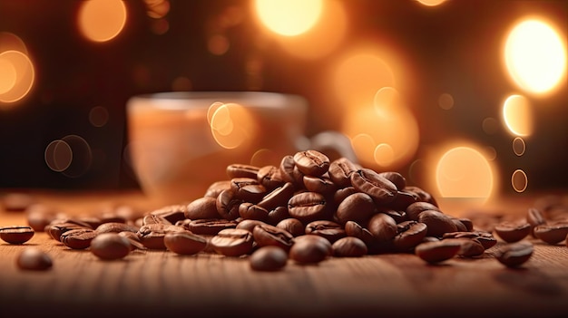 Grains de café sur une table en bois avec fond de lumières bokeh