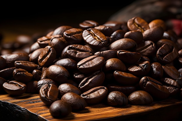 des grains de café sur une table en bois