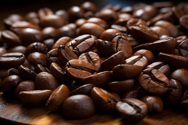 des grains de café sur une table en bois