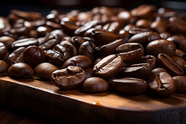 des grains de café sur une table en bois