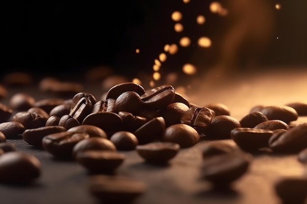 Photo grains de café sur une table avec un fond sombre