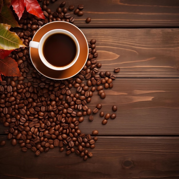 Grains de café et tasse de café sur fond de vieille table en bois ai générative