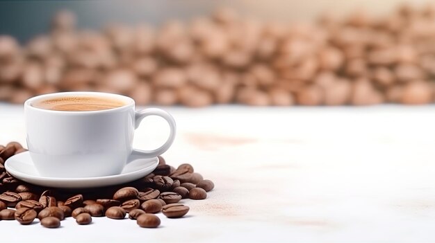 Des grains de café et une tasse de café sur une table blanche